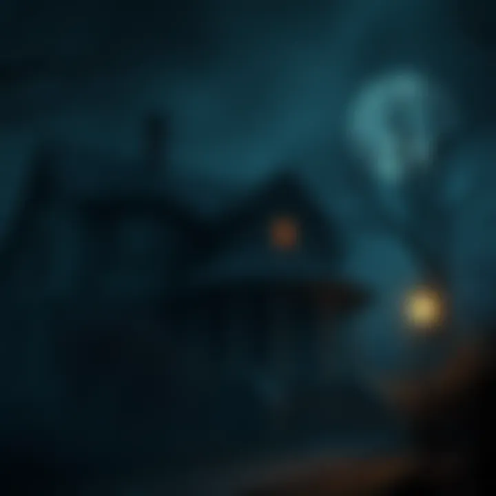Survival Horror Game Cover A dark and eerie scene featuring a haunted house with shadows and a foggy atmosphere, representing survival horror themes similar to Resident Evil and Silent Hill.