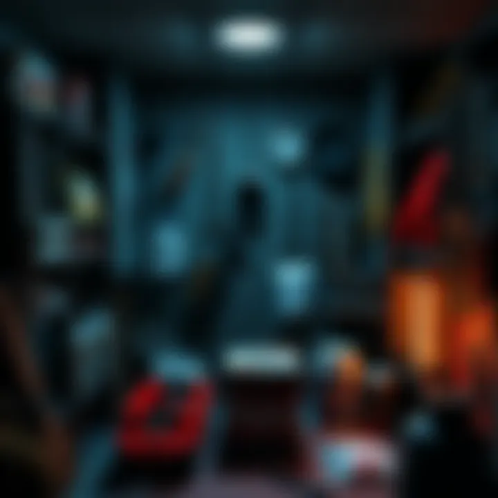 A dimly lit room filled with various survival items including food, a flashlight, and tools, highlighting the importance of inventory management in horror games.