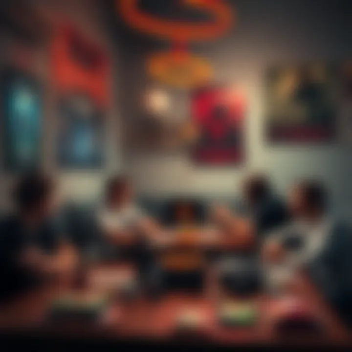 A gamer discussing survival horror game recommendations with friends at a table, surrounded by game posters and snacks.