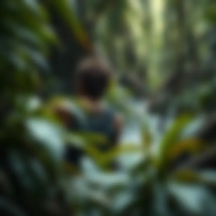 Survival in the jungle A person wading through thick jungle foliage, looking alert and prepared for challenges ahead, symbolizing survival in a harsh environment.