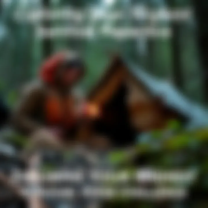 Individual demonstrating survival skills like building a shelter in a forest setting