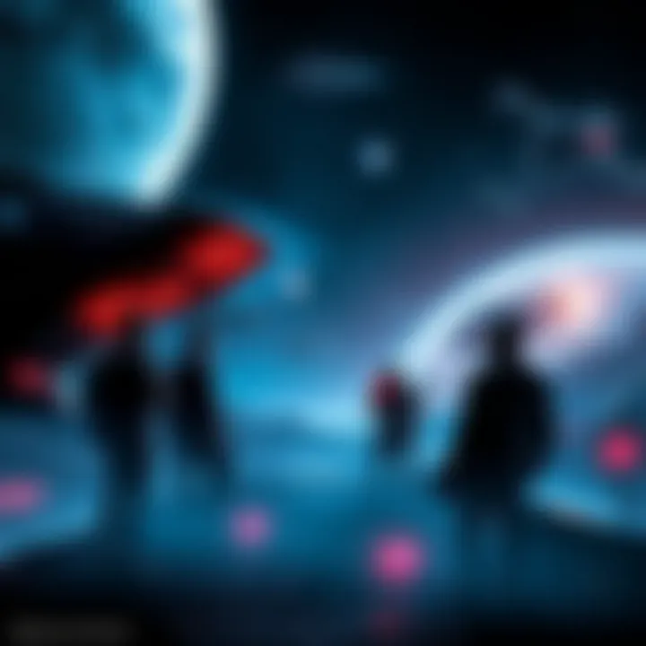 Survival Strategies in Dead Space Universe A futuristic scene showing a group of people planning how to protect humanity from the Brethren Moons, with space ships and advanced technology in the background.