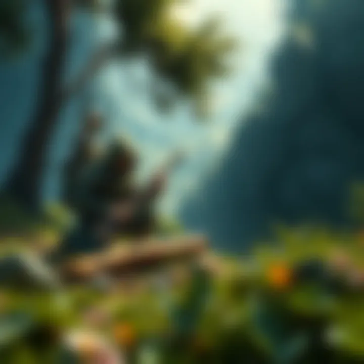 A character gathering resources in a lush landscape, showcasing survival skills in the Lands Between and Shadow.