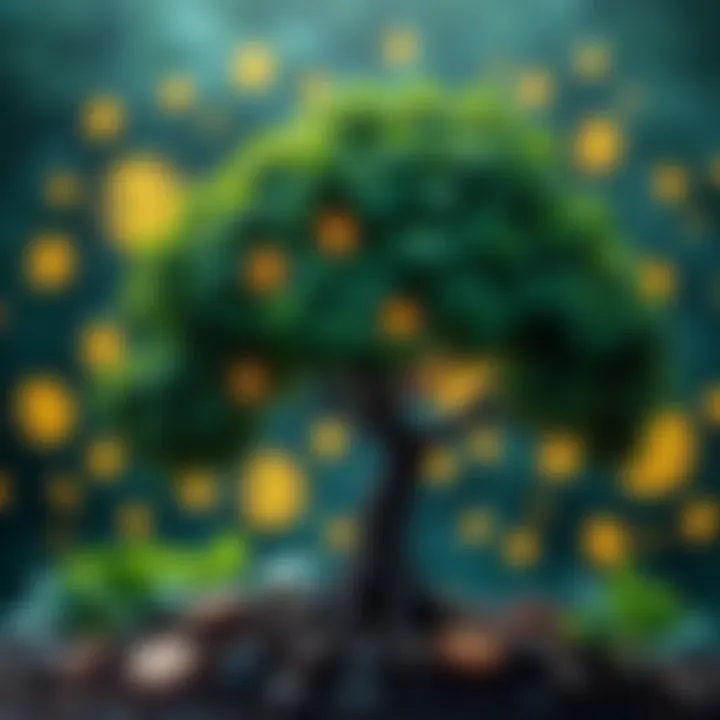 Tree symbolizing investment growth A healthy green tree representing growth and investment, with Bitcoin symbols in the background