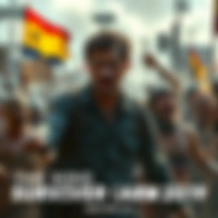 An Australian survivor faces a group of zombies in a chaotic protest scene, showcasing tension and fear during the DIDO Armada outbreak.