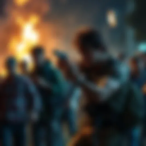 A player attempts to block the killer in a chaotic game scene, showing frustration from other players in the background.