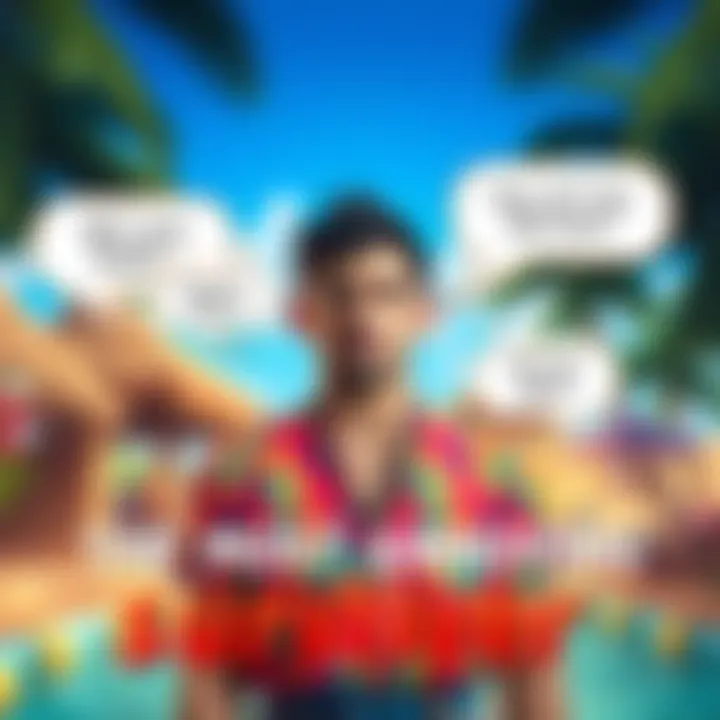 A character in a colorful outfit from the Survivor game looks frustrated, surrounded by speech bubbles showing mixed opinions. The background features a tropical setting with hints of game elements.