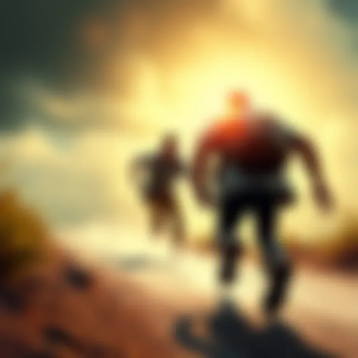 A survivor character sprinting away from a menacing figure in a chase scene