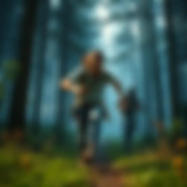 A survivor running from a killer in a forest, showcasing a tense chase. The survivor is visibly injured while the killer pursues closely, capturing the intensity of endurance gameplay.