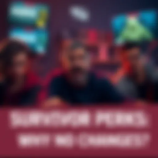 A group of survivors in Dead by Daylight looking frustrated while playing the game, surrounded by old perks on their screens.