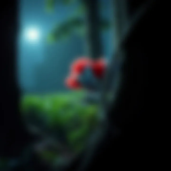 A survivor crouching behind a tree, peering cautiously at a clown character in a dark, eerie environment, ready to strategize their escape.