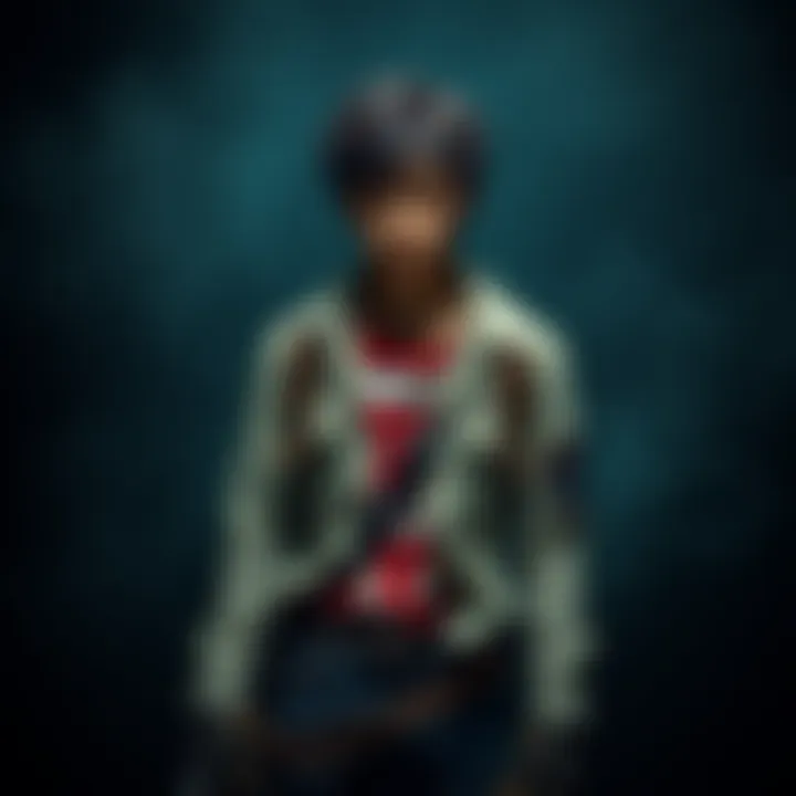 A character in a tattered outfit, showcasing the rugged style of survivor horror protagonists, set against a dark, eerie background.