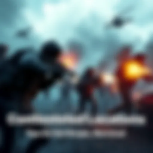 A player engaged in a firefight in a busy contested area while avoiding enemy fire and searching for weapons