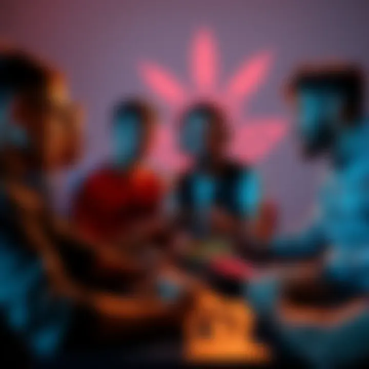 Survivor players discussing game strategy A group of gamer friends talking about banning killers in a multiplayer game, with one player gesturing passionately. Controllers and snacks are on the table.