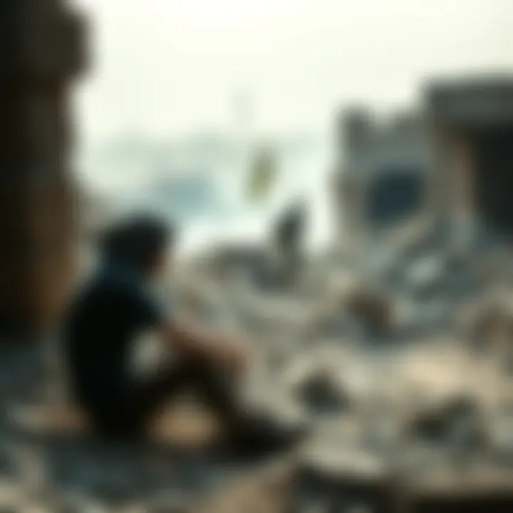 Survivor of RPG Attack A person sitting against rubble, reflecting on their survival after an RPG attack, showing resilience and strength.