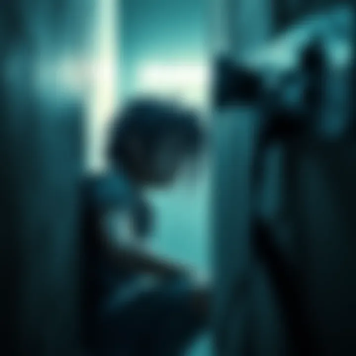 A survivor character crouching behind a wall, keeping an eye on a nearby killer while planning their next move