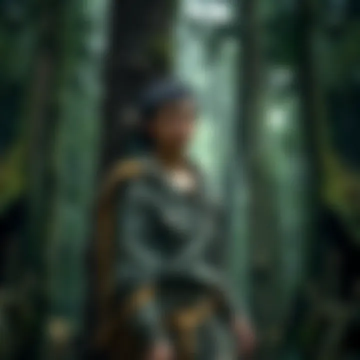 Survivor in the wilderness A person in tattered clothes sitting against a tree, looking exhausted but determined, surrounded by dense forest.