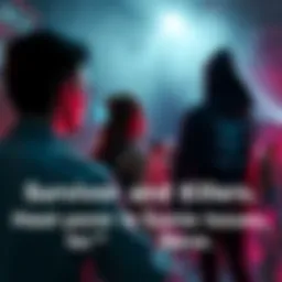 A scene showing survivors working together while a killer watches, highlighting handholding mechanics in gameplay.