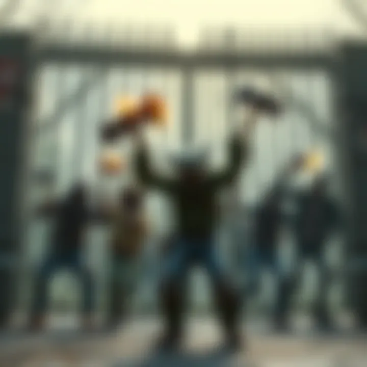 A group of survivors in a game using emotes to dodge Springtrap's axe grabs at a gate