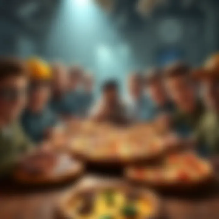 Survivors Enjoying Pizza A group of animated characters representing different Survivors gathered around a table full of pizzas, each with unique toppings, showcasing their pizza preferences in a fun and lively setting.