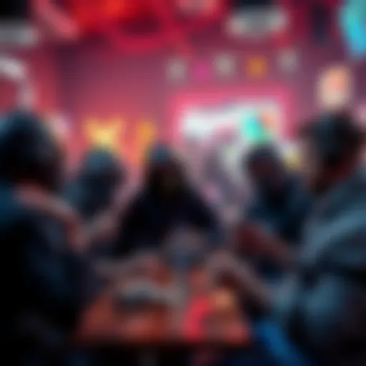 A group of gaming survivors discussing their favorite killers in a lively chat, highlighting their strategies and preferences, set in a gaming environment.
