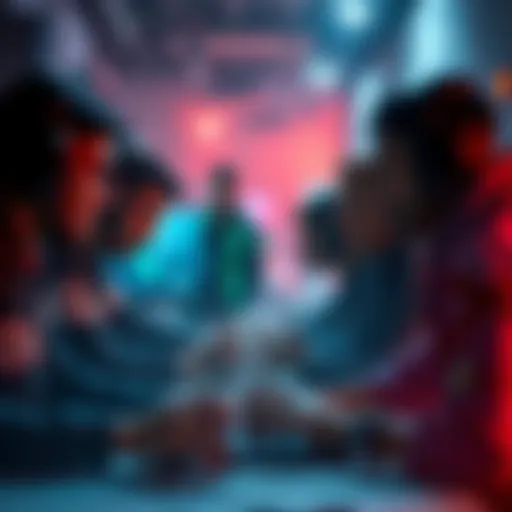 A group of gamers focused on grinding hatch tomes in a multiplayer game, showing teamwork and strategy discussions.