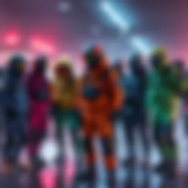 A group of game survivors in colorful skin suits, showcasing different perks, gathered together to discuss gameplay strategies.