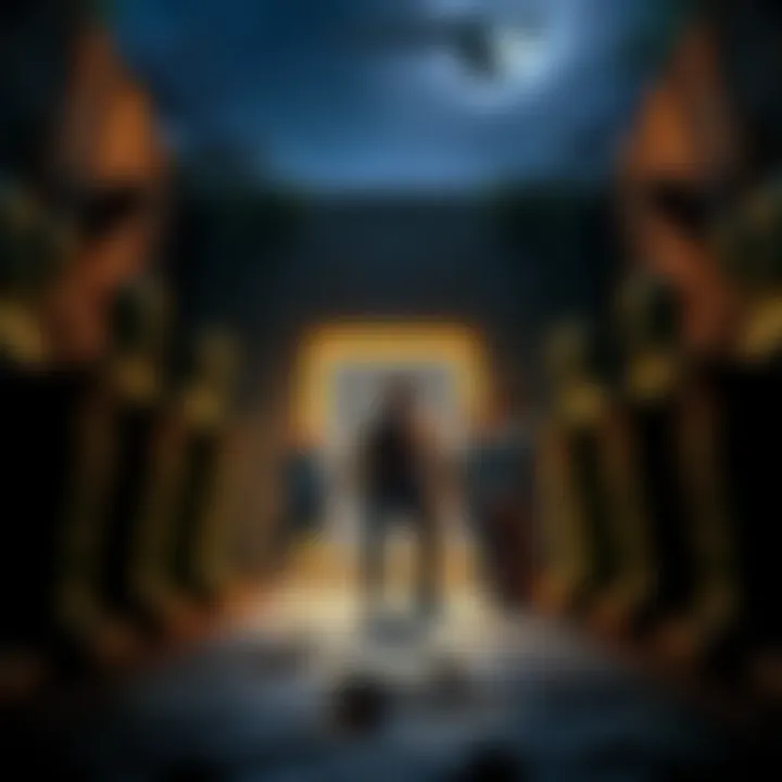 A group of Survivors stands in a dimly lit refuge surrounded by eerie stone statues, looking anxious as night approaches.