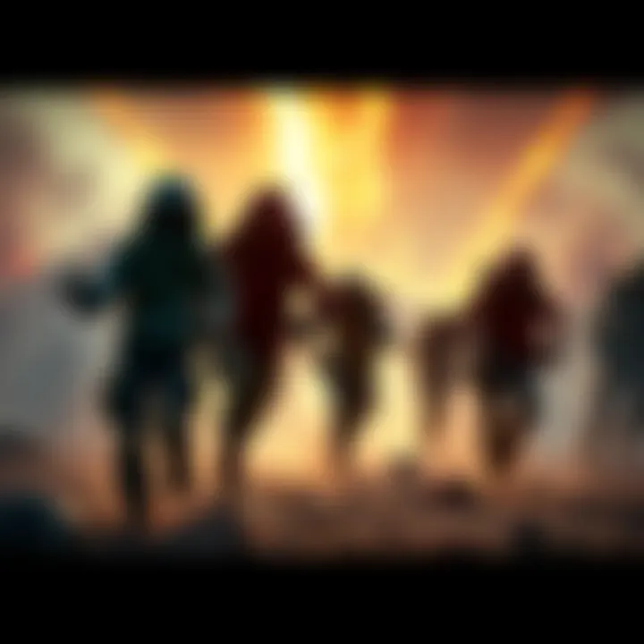 A group of survivors running away from blood pump spawns with a chaotic scene in a gaming environment