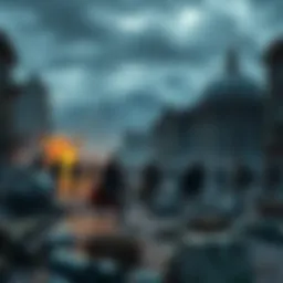 A group of DnD characters scavenging in a desolate urban landscape filled with zombies, looking for supplies with Mount Elbrus in the background.