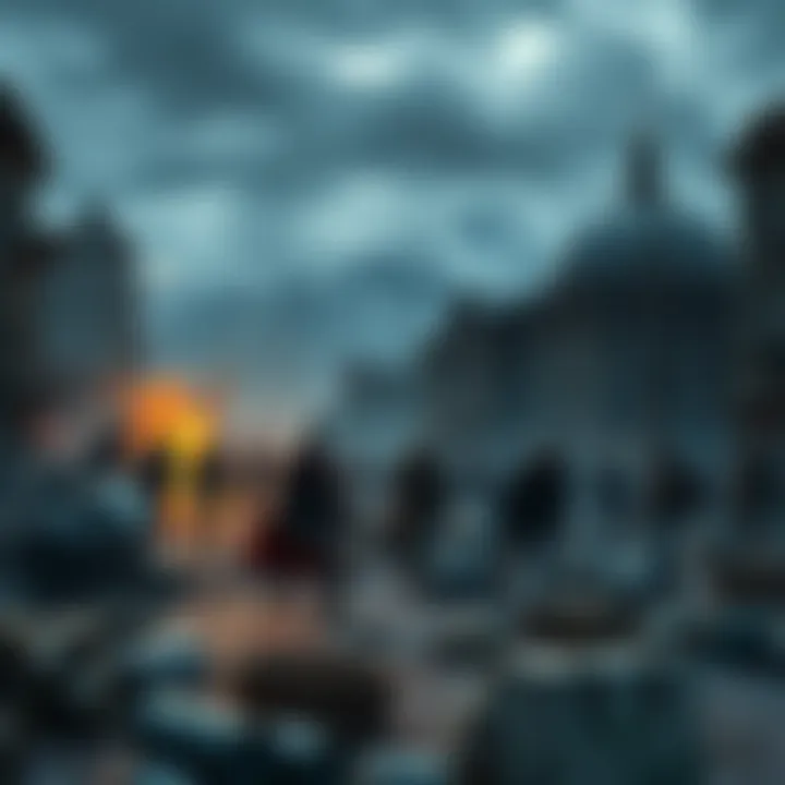 A group of DnD characters scavenging in a desolate urban landscape filled with zombies, looking for supplies with Mount Elbrus in the background.