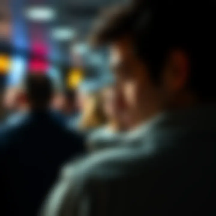 A person glancing sideways at another person in a crowded room, indicating mistrust or suspicion of betrayal