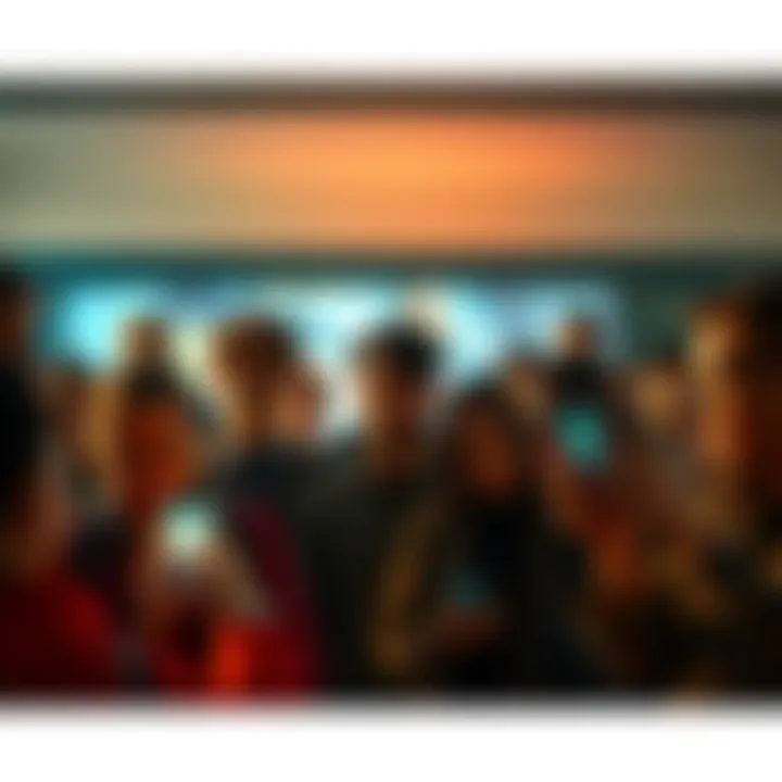 A group of people watching a suspicious video clip on their phones, looking curious and engaged.