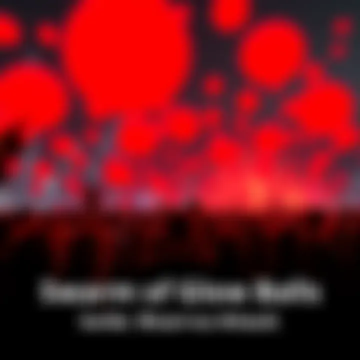 A crowd watches in awe as a swarm of red glowing balls hovers in the night sky, creating a chaotic scene as people point and speculate about their nature.