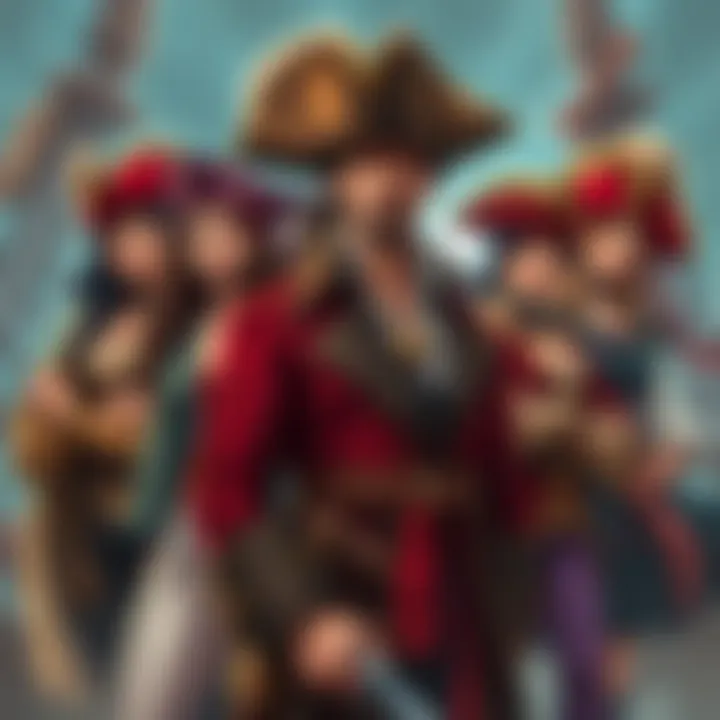 Illustration of a swashbuckler rogue with multiple spouses, each with unique outfits and personalities, set in a pirate-themed background