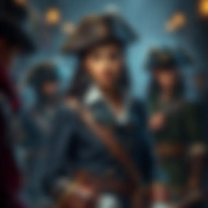 Creative swashbuckler costume featuring a naval officer outfit and a charismatic tavern rogue look, showcasing details like hats and accessories.