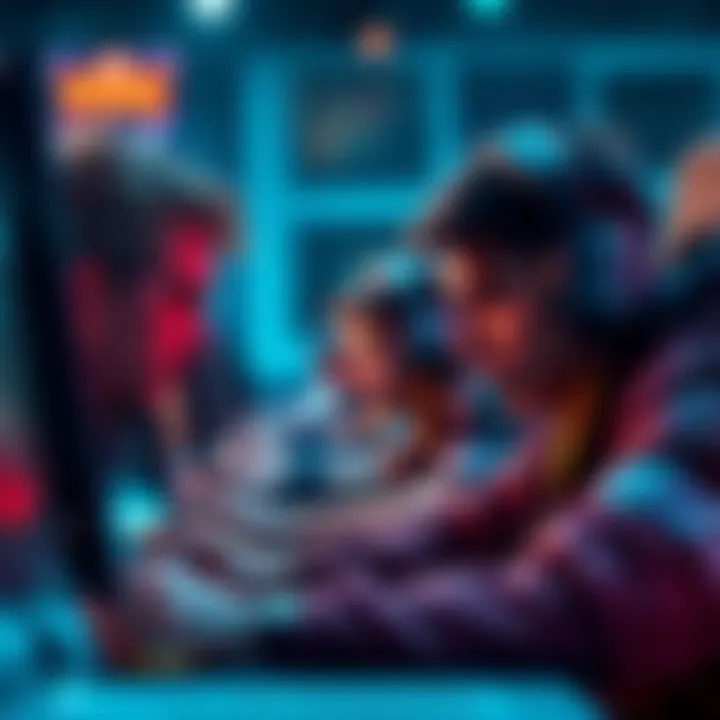 A scene showing intense players focused on their screens in a gaming match, with sweat visible on foreheads as they concentrate on their strategy.