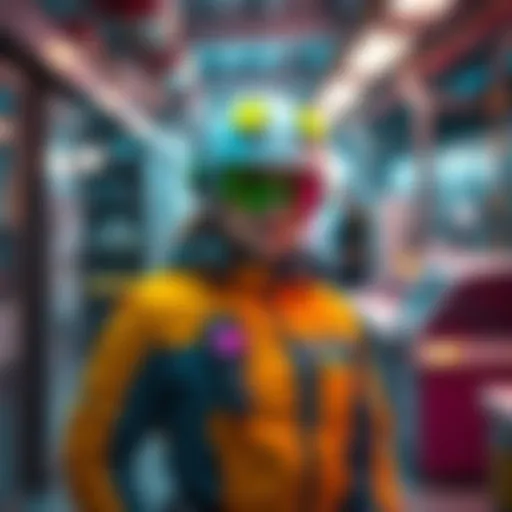 A customs officer in Sweden wearing a futuristic cyberpunk outfit, complete with bright colors and modern accessories, standing in her work environment