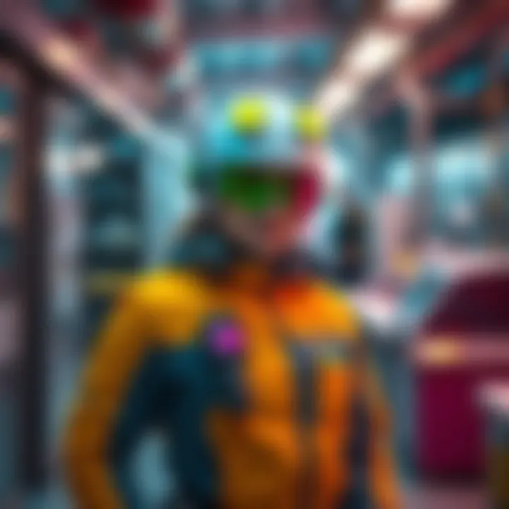 A customs officer in Sweden wearing a futuristic cyberpunk outfit, complete with bright colors and modern accessories, standing in her work environment