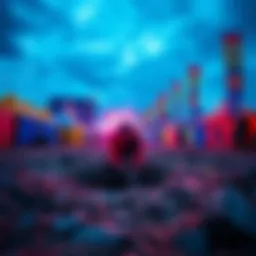 A festivalgoer digging a hole in the ground surrounded by vibrant festival tents and people enjoying the music