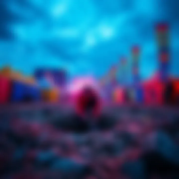 A festivalgoer digging a hole in the ground surrounded by vibrant festival tents and people enjoying the music