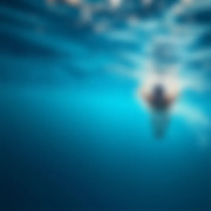 A swimmer glides gracefully underwater, using their other senses to navigate without sight. Bubbles rise as they move through the water.