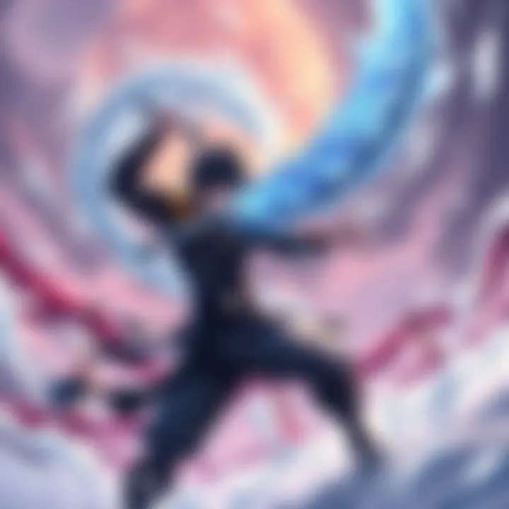 Character using Swirling Snow technique A video game character battling Shisenin Kosen with a swirling snow attack