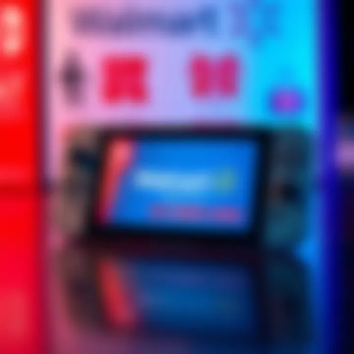 Switch 2 available at Walmart A smartphone displaying the Walmart app with Switch 2 on the screen, surrounded by shopping icons