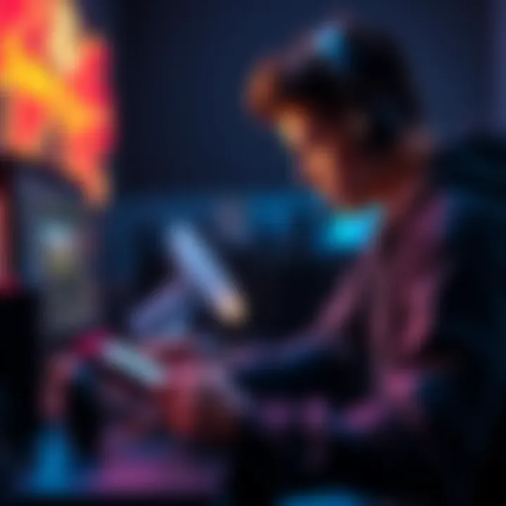 A gamer focuses on Switch 2, examining game files and planning strategies while sitting in front of a console.