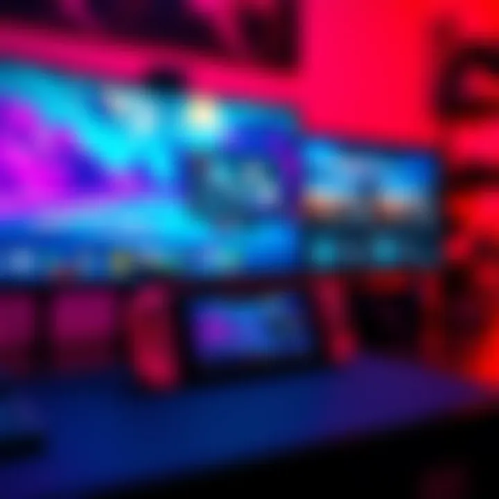 Switch 2 with PC Setup A Switch 2 console connected to a PC setup with a 1440p monitor showing vibrant graphics and multiple screens for multitasking gaming.