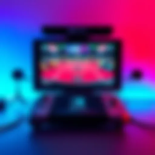 A competitive gaming setup showcasing the new Switch 2 console with controllers and a screen displaying a tournament match.