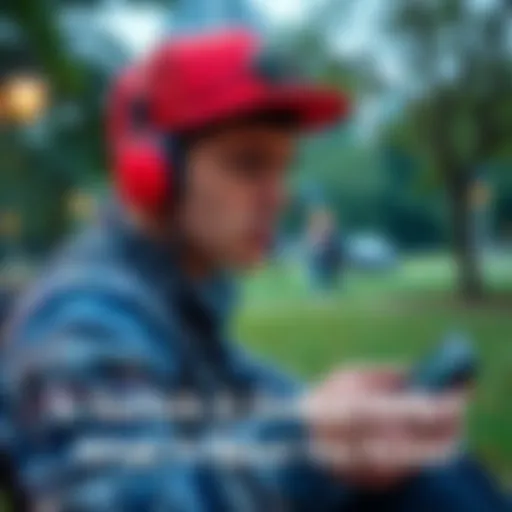 A traveler playing the Switch 2 gaming console in a park, looking concerned about internet access