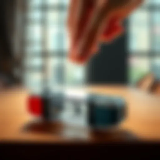 A close-up of a Switch 2 cartridge lying on a wooden table with a person's hand hovering over it, ready to taste it.