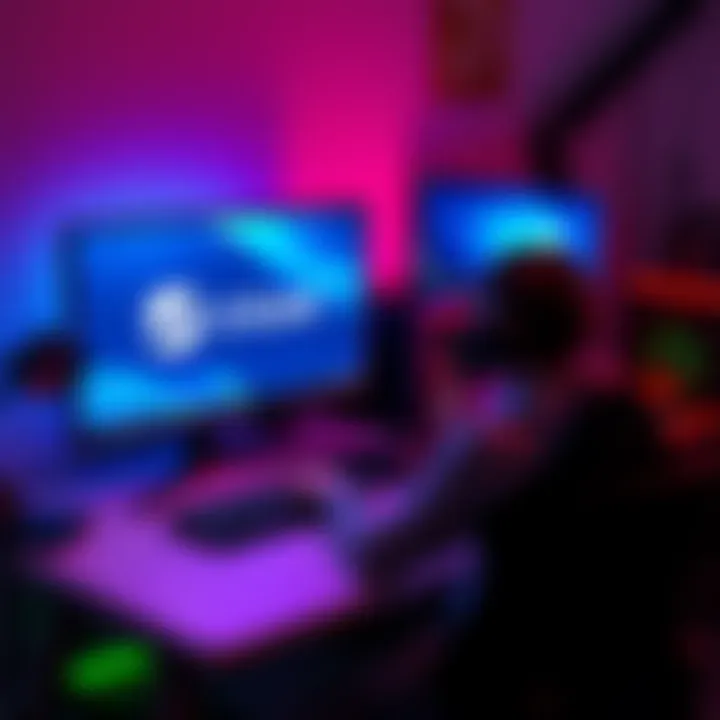 A gamer sitting at a desk with a gaming setup, comparing Steam OS and Windows on a computer screen.